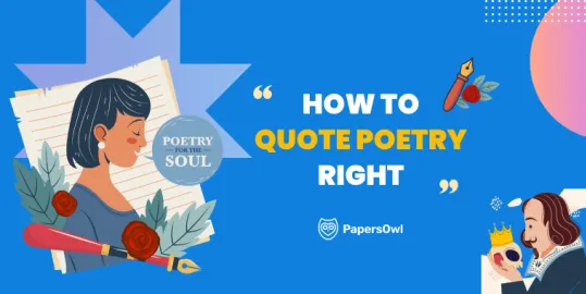 Illustration with woman, Shakespeare, and poetry elements around the phrase “How to Quote Poetry Right” for MLA-style essay tips
