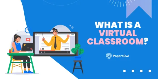 Illustration of a student and teacher interacting online with text "What is a Virtual Classroom?" — concept of virtual classroom learning by PapersOwl.
