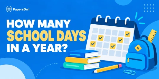 Illustration of a calendar, stack of books, backpack, and ruler with the text How Many School Days in a Year.