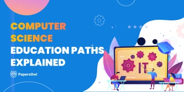 Computer science education paths infographic featuring students coding and IT development symbols