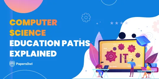Computer science education paths infographic featuring students coding and IT development symbols