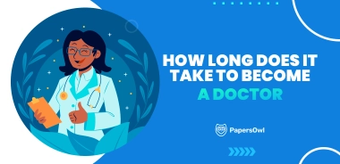 Illustrated doctor holding a clipboard with the text “How long does it take to become a doctor” on a blue PapersOwl banner